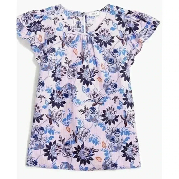 J.Crew Lilac Floral Pintuck Flutter Sleeve Blouse Women's Small Cotton Top XXS - Picture 1 of 4